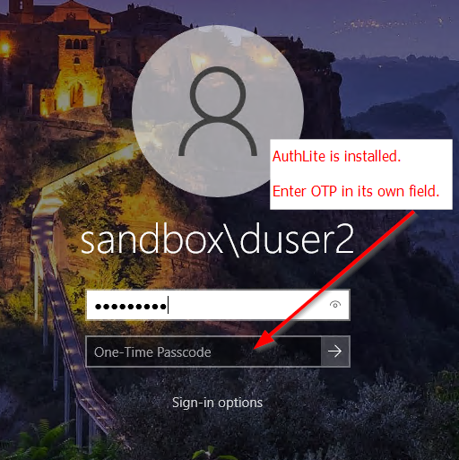 Entering an OTP into a Windows logon with AuthLite installed