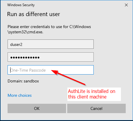 Entering an OTP into a Windows logon dialog with AuthLite installed