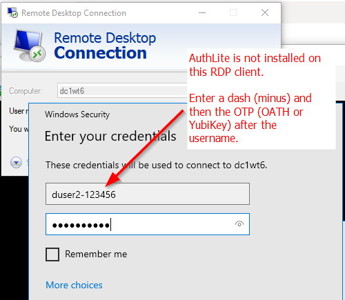 Entering 2-factor credentials into Remote Desktop Connection client (RDP) without AuthLite installed
