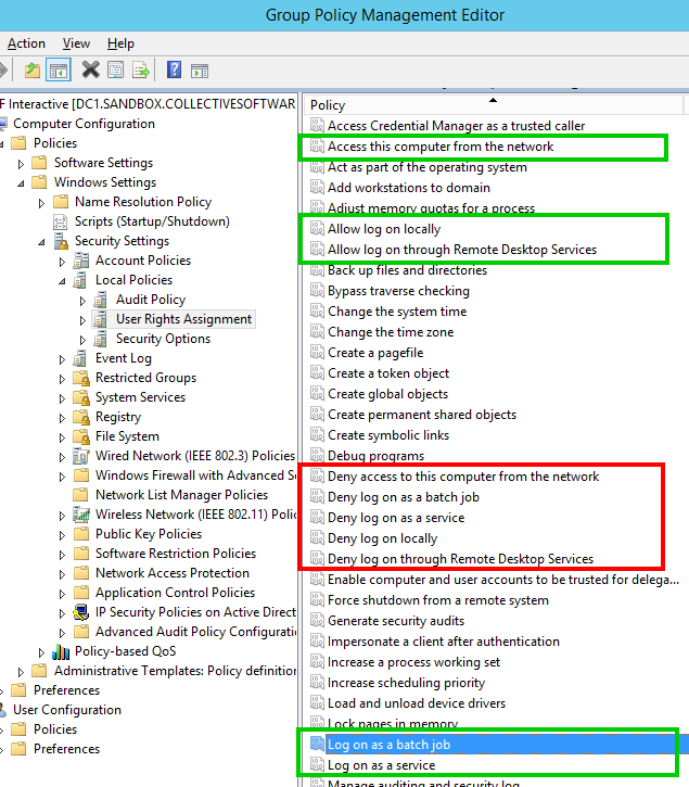 user rights assignment create a token object