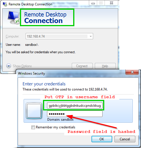 Entering 2-factor credentials into Remote Desktop Connection client (RDP)